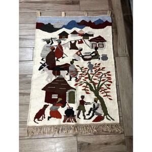 Vtg Hand Hooked Folk Art Wall Rug‎ Village Scene Wool Tapestry 50x34 Primitive